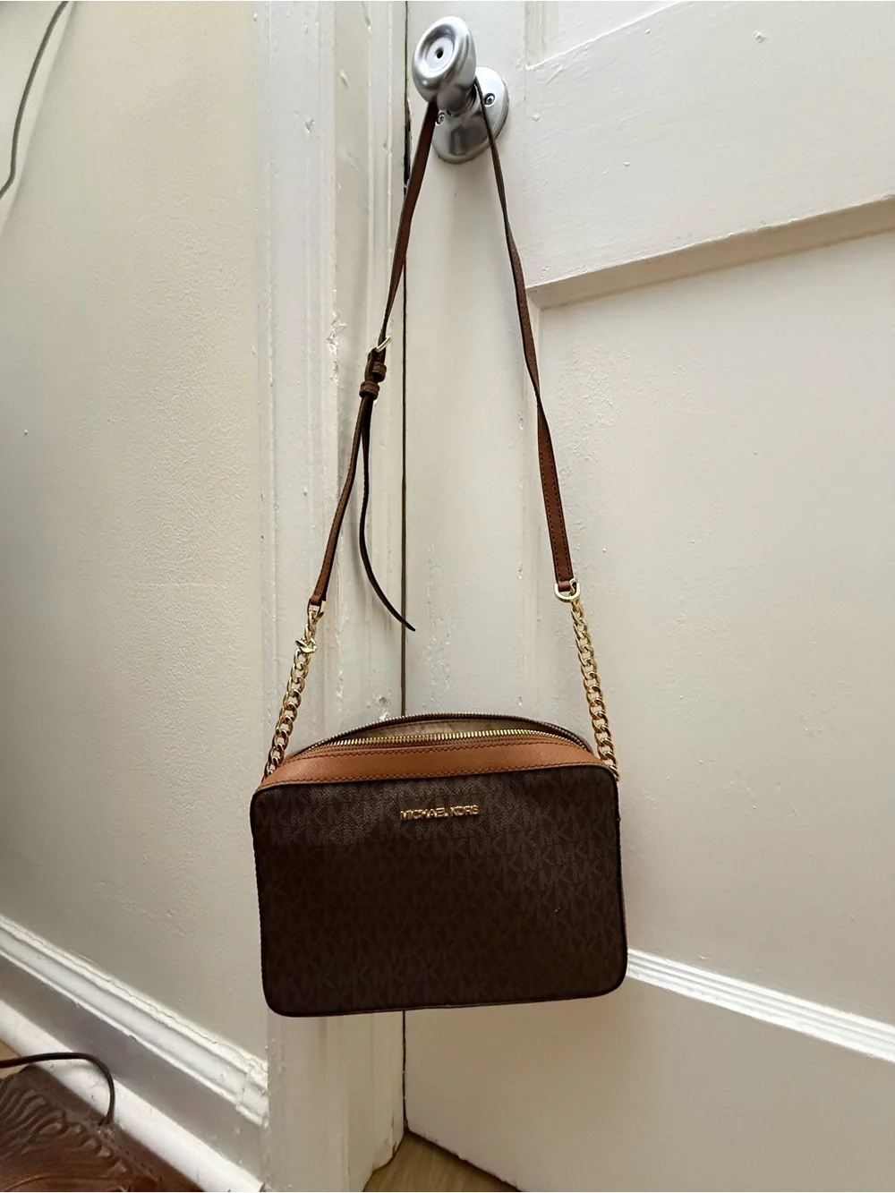 Michael Kors Dark Brown Logo Crossbody with Gold Chain Strap